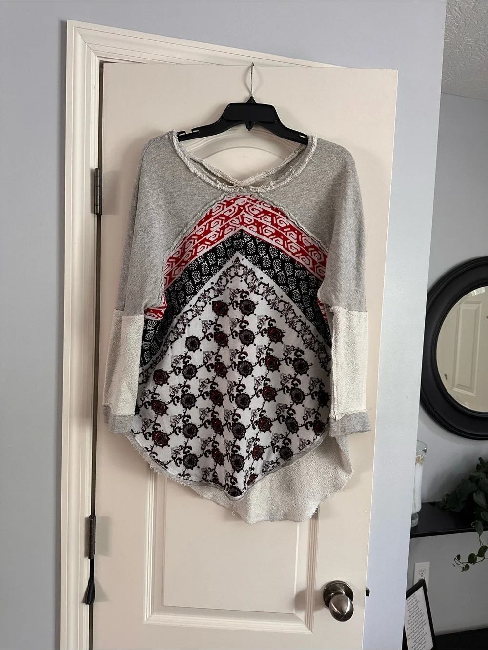 Free People Gray Patchwork Boho Long-Sleeve Top with Red & Black Print